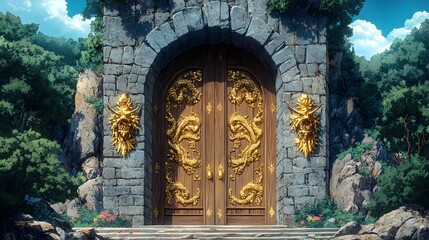 Fototapeta premium Majestic Oaken Doors Adorned with Gold Dragon Reliefs in Fantasy Landscape