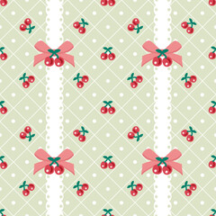 Vector pattern of the fabric, wallpaper, wrapping paper, mats, and bed sheets.Continuous and repeatable.Cute style.Red cherry pattern with bow and lace decoration and diamond shape intersecting lines.