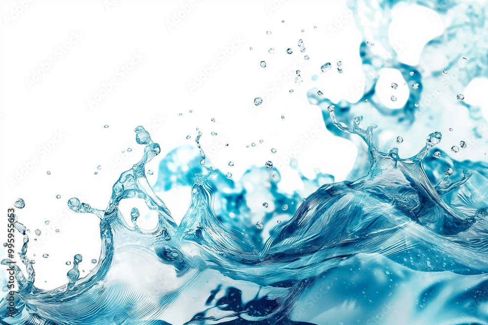 Poster a vibrant display of blue water splashes elegantly, creating mesmerizing shapes and droplets against