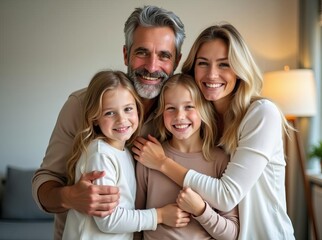 Fototapeta premium Happy Family Portrait at Home: Joyful Parents with Twin Daughters in Warm Living Room Atmosphere