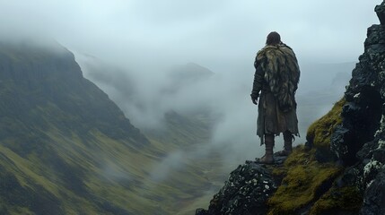 2. A rugged mountain barbarian in furs, surveying a misty valley from a rocky outcrop - Powered by Adobe