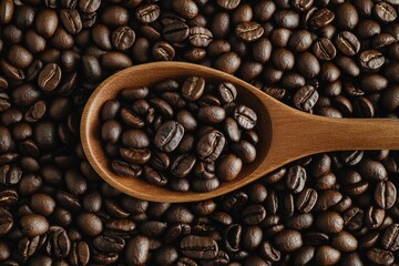 Fototapeta premium Coffee beans in a wooden spoon on a background of coffee beans wth generative ai