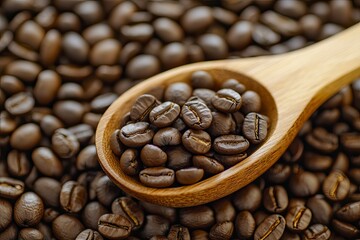 Obraz premium Coffee beans in a wooden spoon on a background of coffee beans wth generative ai