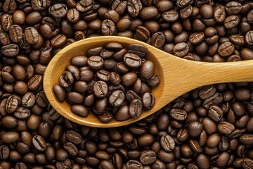 Fototapeta premium Coffee beans in a wooden spoon on a background of coffee beans wth generative ai