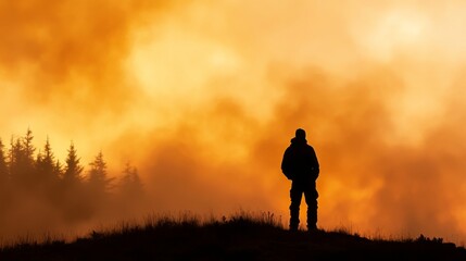 Fototapeta premium silhouette of an outdoor enthusiast on the edge of a forest overlooking distant smoke from wildfires, representing danger, rescue, and the wilderness with an orange sky backdrop, filled with contrast