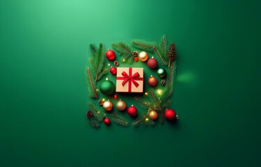 A green background with a gift, pine branches, red and gold ornaments, and pine cones.