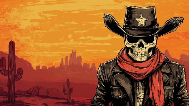 Skull wearing cowboy hat and bandana in a desert landscape at sunset. Concept of wild west, outlaw, and death.