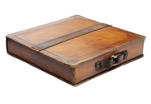 a brown wooden briefcase with a black strap

