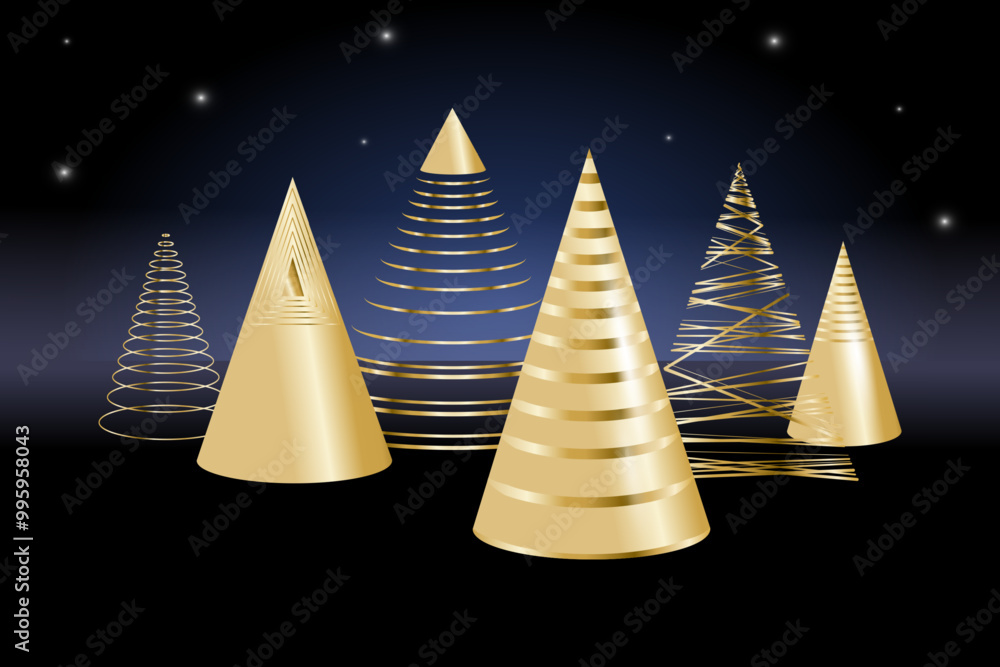 Poster christmas trees abstract geometric shapes with different gold patterns and shapes set. modern golden