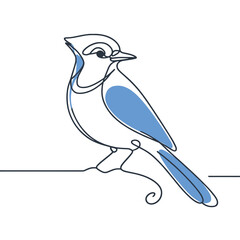 A Blue Jay bird with a blue head and blue wings. The bird is standing on a ledge