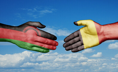 Belgium and Malawi country handshaking with flags, consensus concept international co-operation illustration