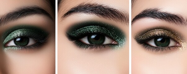 Fototapeta premium A set of dark grey eyeshadow swatches paired with bold silver and gold glitter, creating a futuristic glittery smokey eye.