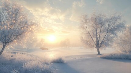 A frosty morning where every branch is coated in thick frost, reflecting the pale light of a low winter sun, with soft snow blanketing the ground.