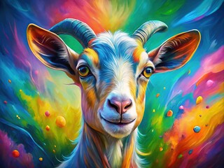 A whimsical goat portrait pours from the canvas, infused with vibrant colors and playful strokes, drawing the viewer in with its captivating gaze.