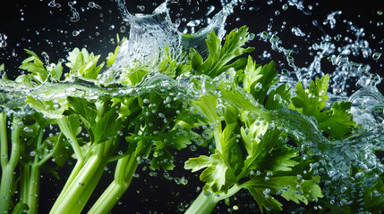 Food background. A healthy vegetable. Several bunches of fresh juicy green celery fall into clear transparent water on a black background. Celery is surrounded by water droplets