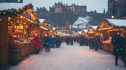 christmas market in edinburgh captured with snowy stalls, festive treats, lights, and ornaments under the iconic castle backdrop, highlighting holiday cheer and joyful shopping at winter's peak