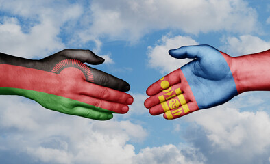 Mongolia and Malawi country handshaking with flags, consensus concept international co-operation illustration