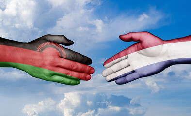 Netherlands and Malawi country handshaking with flags, consensus concept international co-operation illustration