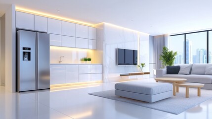 Modern Living Room with Kitchen and City View