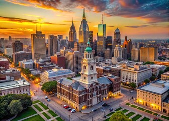 Fototapeta premium Aerial view of Philadelphia's iconic cityscape at sunset, featuring the Delaware River, imposing skyscrapers,