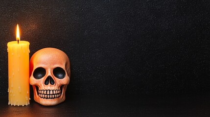 Candlelit skull on a bokeh background, sinister Halloween feel, 