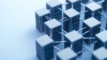bird's-eye view of a server room with interconnected servers forming a network pattern representing data connectivity with copy space server room data network connectivity technolo