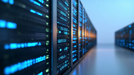 server room with digital code subtly reflected on the servers merging physical hardware with virtual data with copy space server room data code reflection technology