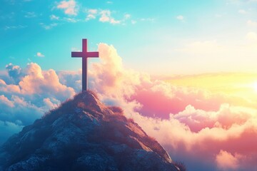 Fototapeta premium Cross of Jesus Christ in the sky with clouds. Christian easter. Conceptual religious symbol. Cross on top of a mountain, on a background of sky, clouds and beautiful sunset, with generative ai