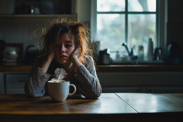 Young woman with disheveled messy hair sitting at kitchen table, drinking coffee drink in the morning