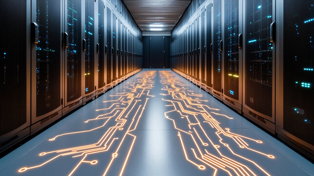 server room where light patterns on the floor mimic data circuits blending physical and digital concepts with copy space server room data circuits technology innovation