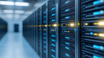 Naklejka premium brightly lit server room with servers emitting a soft white glow representing clarity in data processing with copy space server room bright clarity technology