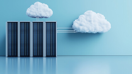 server room connected to a cloud above symbolizing cloud computing in a realistic setting with copy space server room cloud computing data technology