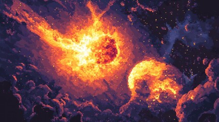 Fiery Cosmic Collision: Two Blazing Celestial Bodies Collide in a Starry Void