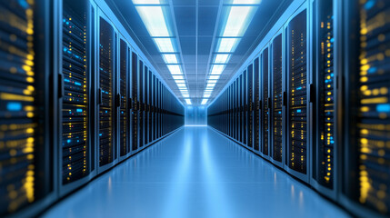 Fototapeta premium panoramic view of an illuminated server farm with endless rows of servers in a futuristic data center, emphasizing the scale of modern data operations, with copy space, server room