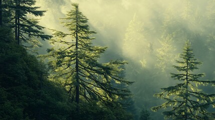 Misty morning landscape showcasing tall coniferous trees and ethereal light filtering through the forest in a serene natural setting