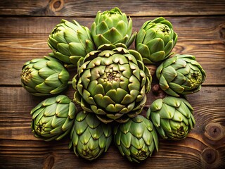Obraz premium Artichokes, their spiky exteriors and fibrous centers unfold on a wooden table, bathing in warm natural light, their beauty revealed slowly.