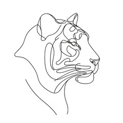 A tiger is drawn in a single line. The tiger is looking to the right. The tiger is drawn in black and white