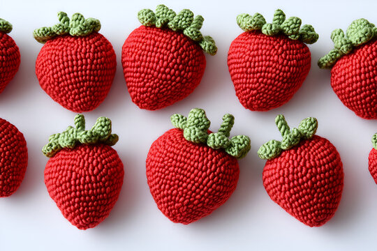 knitted strawberries on a white background.