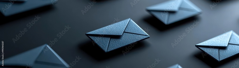 Poster digital communication concept with glowing blue email icons in a dynamic, interconnected network