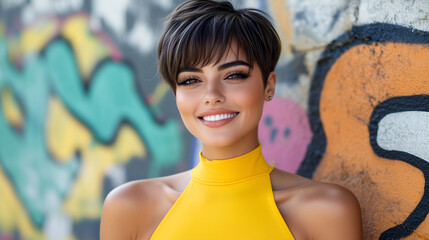 Fototapeta premium happy young woman with short stylish hair wearing a bright yellow top posing in front of a graffiti-covered wall fashion model bold colors smiling young woman