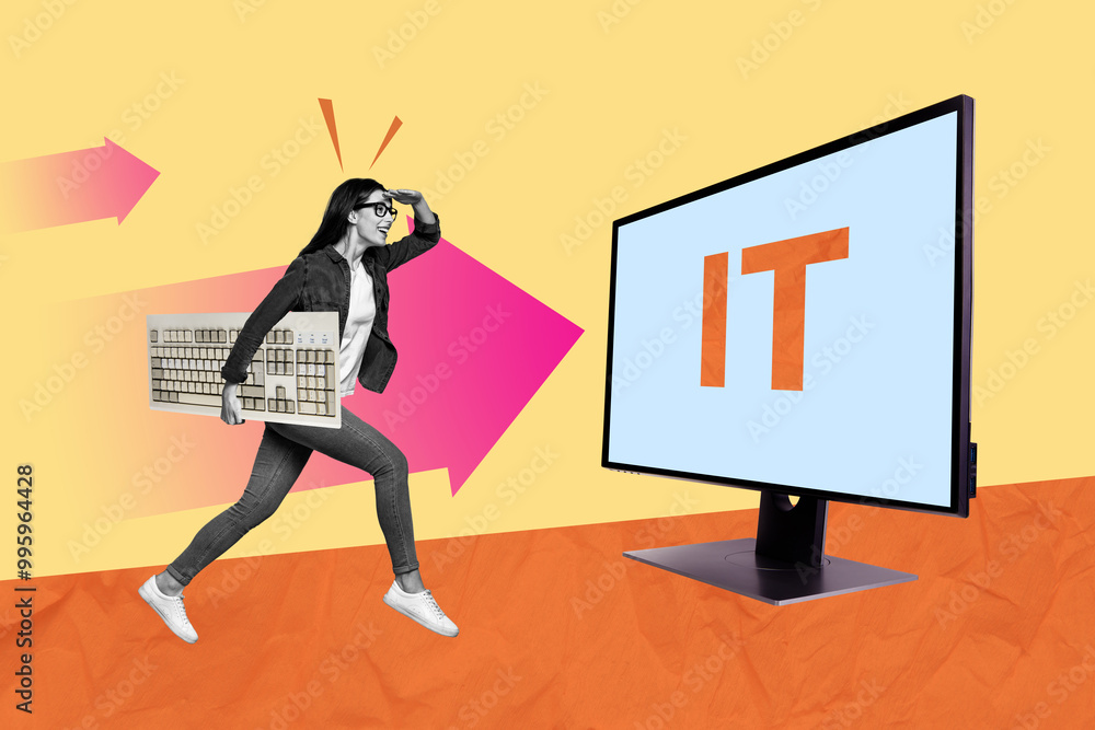 Poster trend artwork composite sketch image 3d collage of young woman confident walk hold keypad office com
