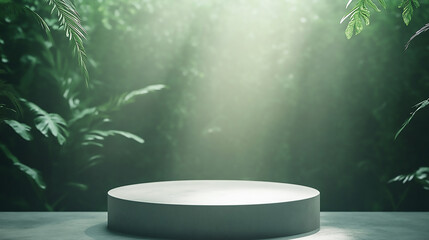 podium on middle of green forest surface background