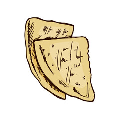 Hand-drawn sketch of quesadilla. Vintage drawing of Mexican dish. Vector black ink outline food illustration. Mexican food, cuisine. An illustration for the menu. Latin America.