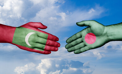 Bangladesh and Maldives country handshaking with flags, consensus concept international co-operation illustration