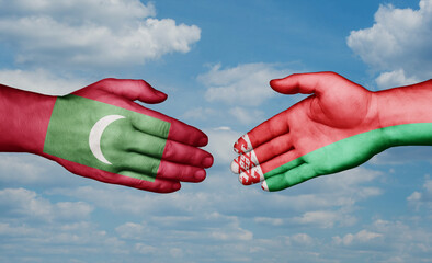 Belarus and Maldives country handshaking with flags, consensus concept international co-operation illustration