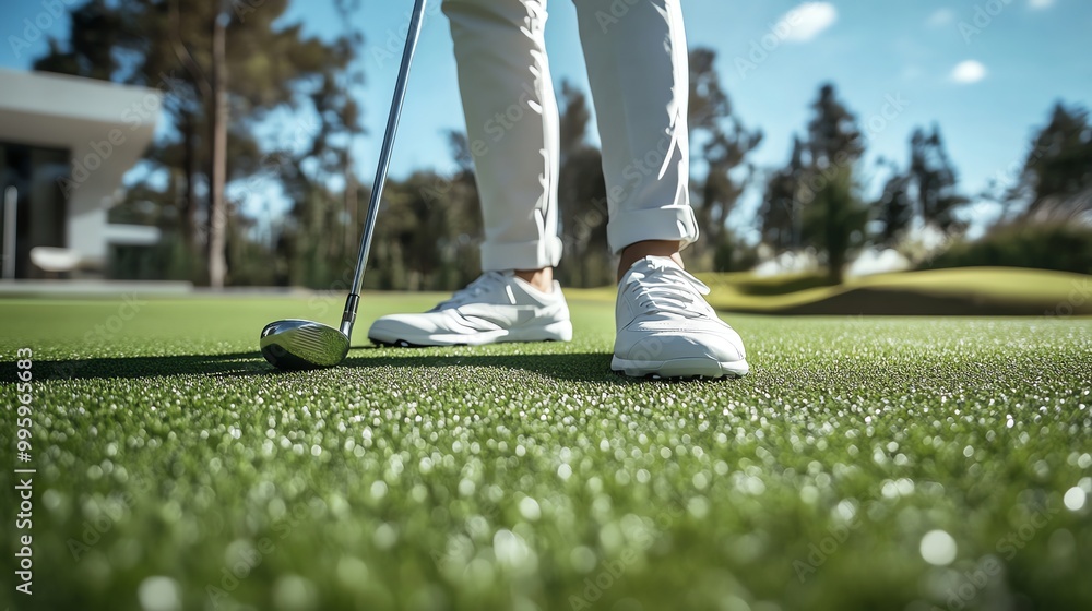 Poster A golfer prepares to putt on a green golf course, with his feet and golf club in focus.