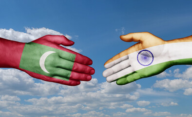 India and Maldives country handshaking with flags, consensus concept international co-operation illustration