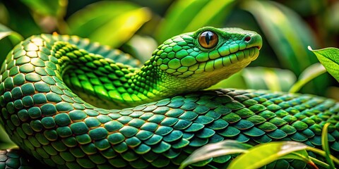 Fototapeta premium Coiled amidst lush emerald-green foliage, a venomous viper bush snake blends in, its glistening scales reflecting the sun's warm touch.