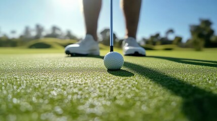 A golfer prepares to take a swing on a green golf course.