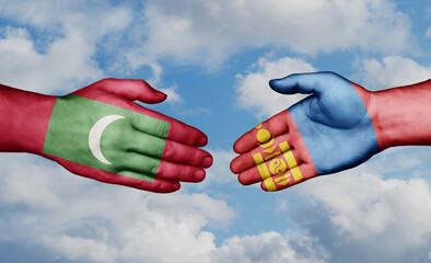 Mongolia and Maldives country handshaking with flags, consensus concept international co-operation illustration
